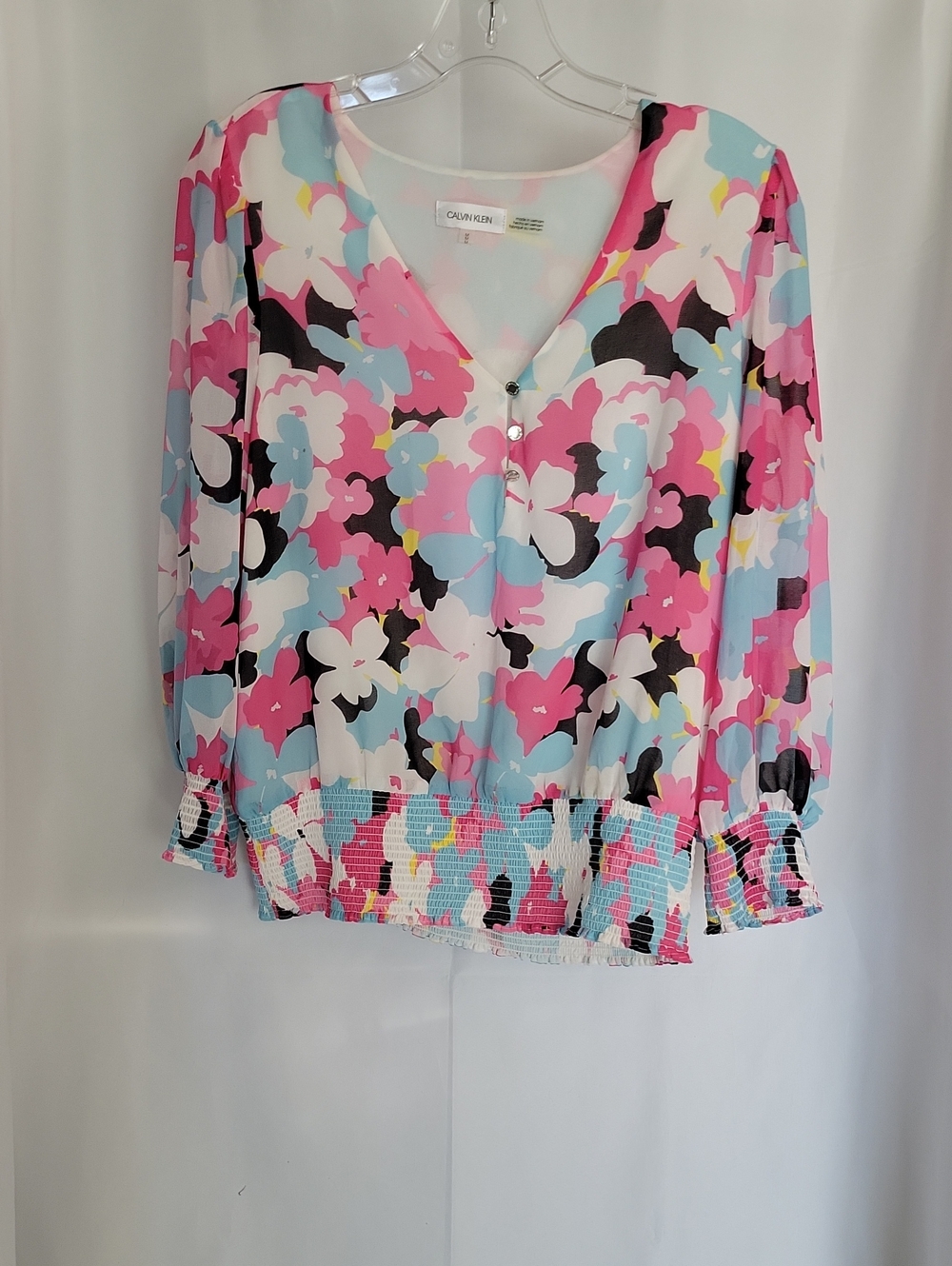 Calvin Klein Pink & Blue Floral V-Neck Smocked Hem Blouse